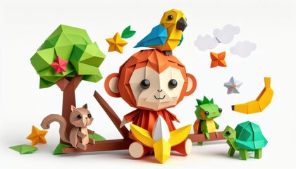 Naklejka premium papercraft monkey , bird and turtle 