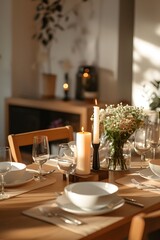 A minimalist dining room set for a candlelit dinner AI generated