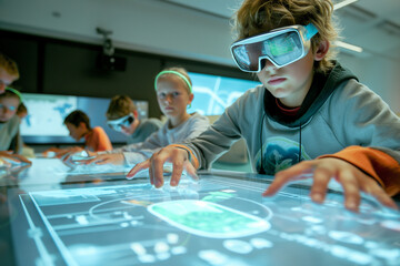 Student in a futuristic classroom using an interactive digital tablet showing a 3D educational model and augmented reality elements. The classroom is equipped with advanced learning technologies.

