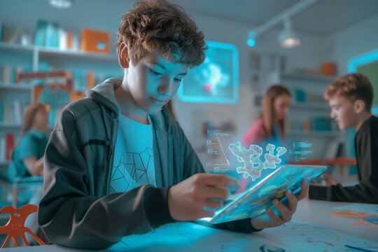 Student in a futuristic classroom using an interactive digital tablet showing a 3D educational model and augmented reality elements. The classroom is equipped with advanced learning technologies.
