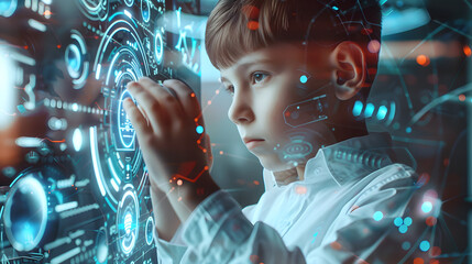 Fototapeta premium A young boy intensely focused as he interacts with a futuristic holographic digital interface. The image conveys technology, innovation, and the future of learning and discovery.