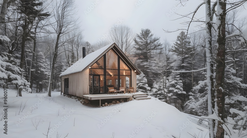 Poster a minimalist rustic retreat nestled in the heart of a snowcapped forest ai generated