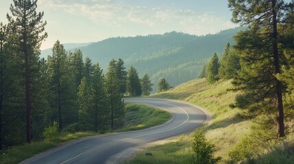 Fototapeta premium Road winding up a pine-covered hill
