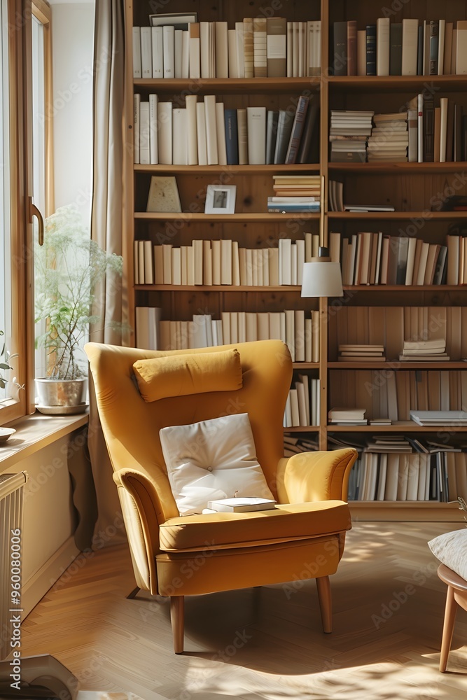 Poster a minimalistic and inviting library with soft yellow tones ai generated