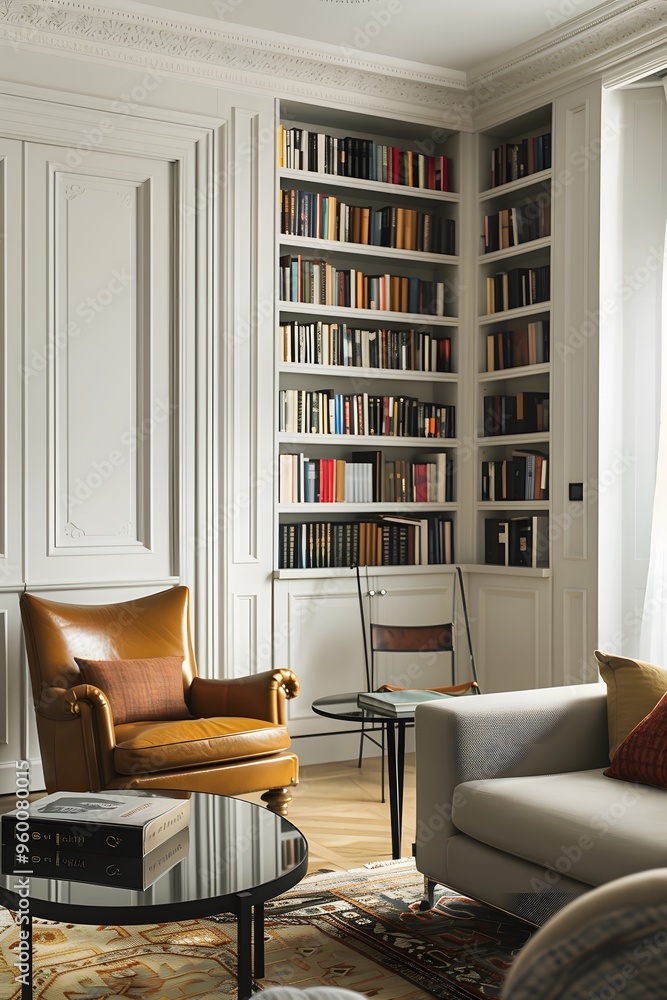 Poster a minimalistic and inviting library with soft yellow tones ai generated