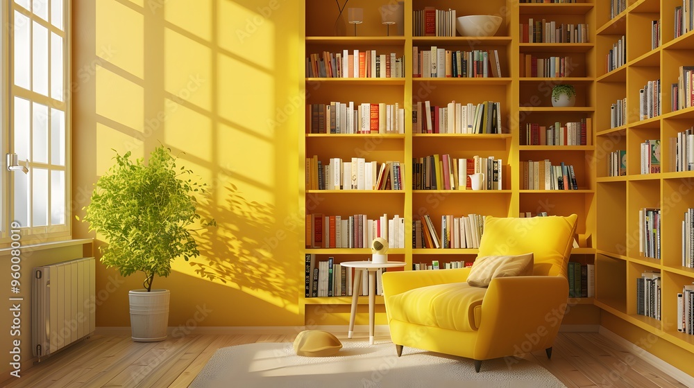 Poster a minimalistic and inviting library with soft yellow tones ai generated