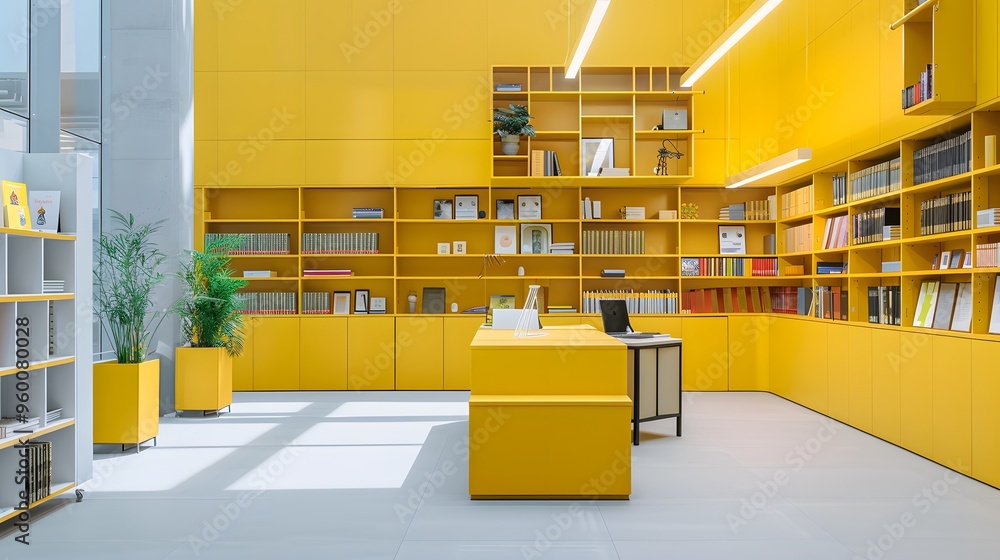 Poster a minimalistic and inviting library with soft yellow tones ai generated