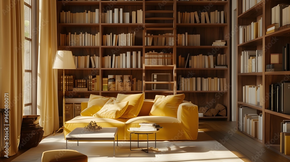 Poster a minimalistic and inviting library with soft yellow tones ai generated