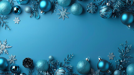 Festive Blue Background with Snowflakes and Holiday Balls 