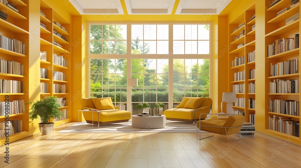 Poster a minimalistic and inviting library with soft yellow tones ai generated