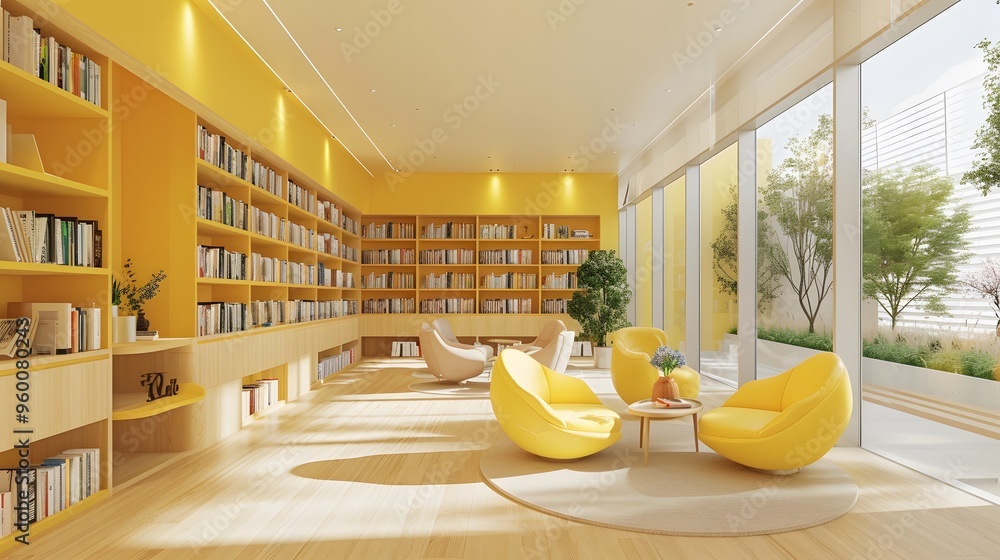 Poster A minimalistic and inviting library with soft yellow tones AI generated
