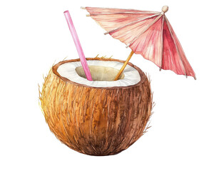 Refreshing coconut drink with straw and pink umbrella, perfect for tropical summer vibes and vacation themes.