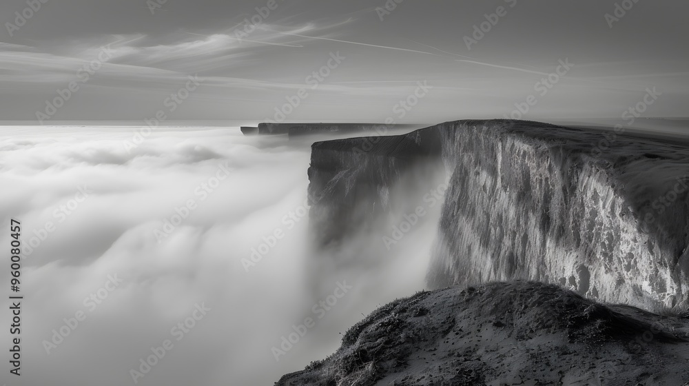 Poster a monochromatic portrayal of slow fog rolling over a cliff ai generated