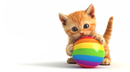 A cartoon kitten is playing with a rainbow ball.