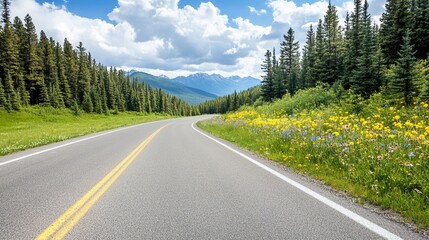 Fototapeta premium Road with pine trees and wildflowers on the side