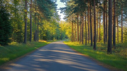 Naklejka premium Road with shadows of tall pines creating a pattern