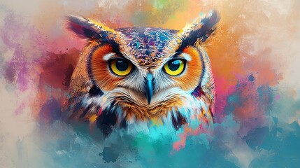 Colorful double exposure painting of an abstract owl portrait	