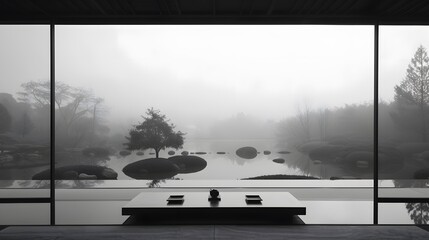 Fototapeta premium A peaceful zen garden viewed from a minimalist tea house AI generated