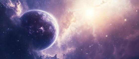 Fototapeta premium A Planet Emerges from a Purple Nebula with Bright Stars
