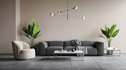 An interior shot of a modern living room with a gray sofa, a beige chair, and a white coffee table. There are also green plants.