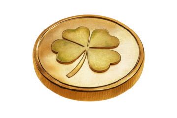 Gold coin with a four-leaf clover engraving symbolizing luck and prosperity, isolated on white background.