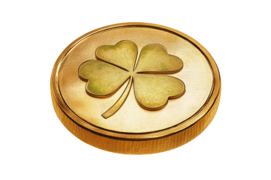 Gold coin with a four-leaf clover engraving symbolizing luck and prosperity, isolated on white background.