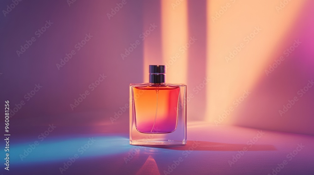 Poster a modern perfume bottle with a sleek design and a gradient color, captured with soft lighting and co