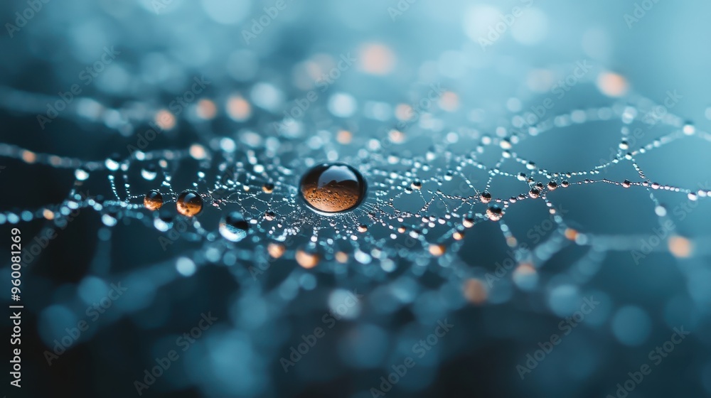 Poster a close-up view of a spider web glistening with dew drops, each drop capturing light beautifully in 