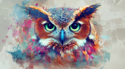 Colorful double exposure painting of an abstract owl portrait	