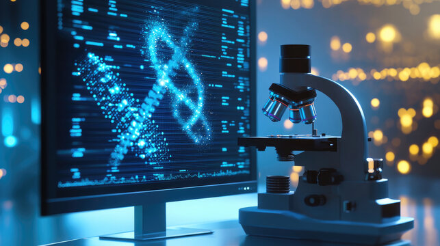 Microscope and computer screen with DNA helix code
