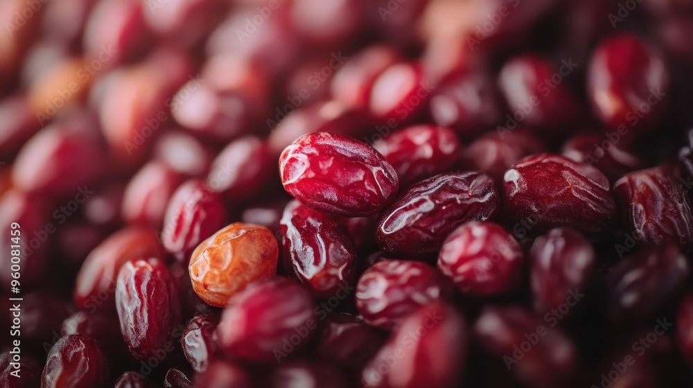 Poster this image focuses on a close-up view of red dried jujubes, highlighting their glossy surface and va