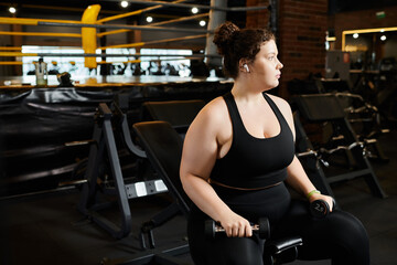 A plus-size woman confidently exercises with dumbbells in a lively gym setting.