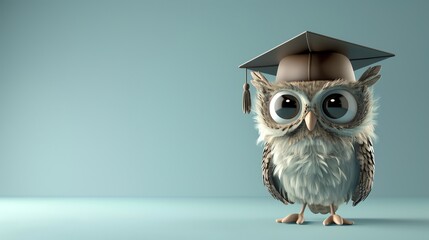 A cartoon owl wearing a graduation cap is looking at the camera.