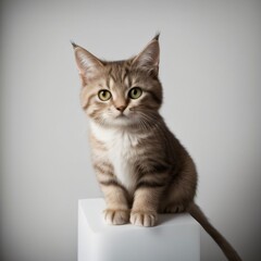 Obraz premium Adorable Tabby Cat Sitting on White Background