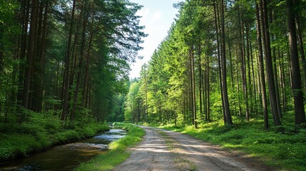 Scenic drive through pine forest with a river running parallel