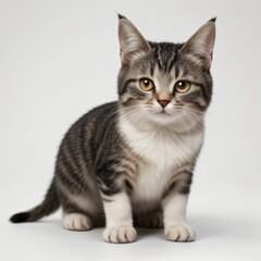 Adorable Tabby Cat Sitting on White Background