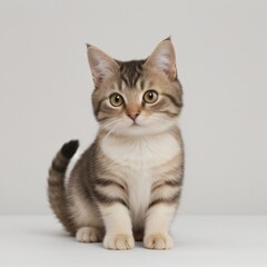 Adorable Tabby Cat Sitting on White Background