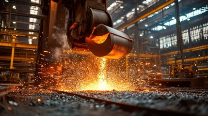 A bustling steel mill with molten steel being poured from a ladle into a large furnace, bright red and orange hues illuminating the scene as sparks and steam erupt from the intense heat