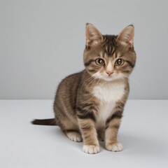 Adorable Tabby Cat Sitting on White Background