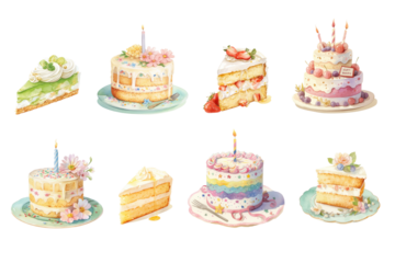 PNG watercolor cake element set, transparent background