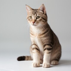 Fototapeta premium Adorable Tabby Cat Sitting on White Background
