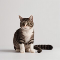 Obraz premium Adorable Tabby Cat Sitting on White Background