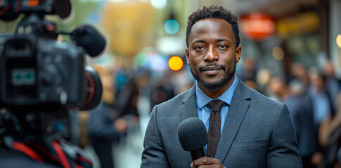 Black journalist in a suit holding a microphone is doing an interview on a crowd of people background