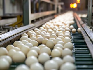 Fototapeta premium Eggs Flowing Along a Conveyor Belt in a Modern Egg Distribution System, Showing a Streamlined Process for Ensuring Freshness and Efficiency
