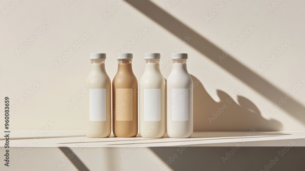 Poster four minimalist dairy bottles with blank labels on a white shelf in a light and airy setting.