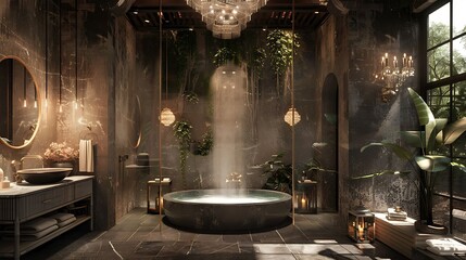 Luxurious bathroom with a soaking tub and chandelier 