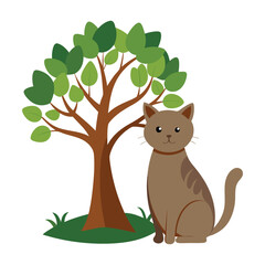 vector a cat side view is sitting next to a big tree illustration