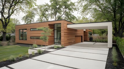 A modern ranch-style minimalist cubic house with a garage and landscaping design in the front yard. Wooden cladding and white walls. The landscaping includes a small garden and a few trees.