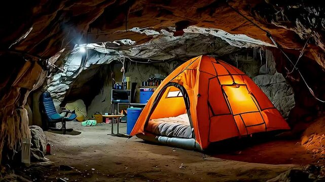 a tent in a cave