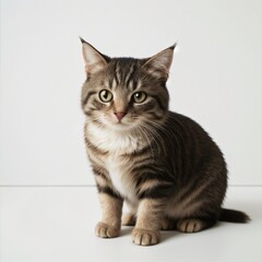 Adorable Tabby Cat Sitting on White Background